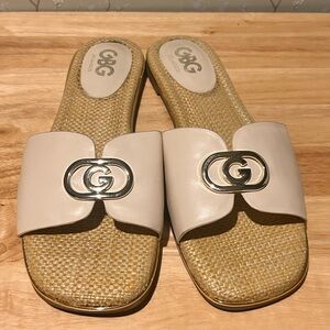 GBG Los Angeles Cream Slide Sandals with Gold Accent